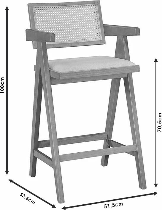 Karrige për bar me krahë Winslow, dru rubberwood, e zezë, pvc ratan natyral, stof gri, set prej 2 copë