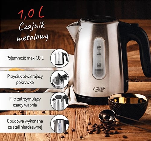 Çajnik elektrik, Adler, AD 1273, 1.0 L, 1000–1200W, trup çelik inox, bazë 360°, inox
