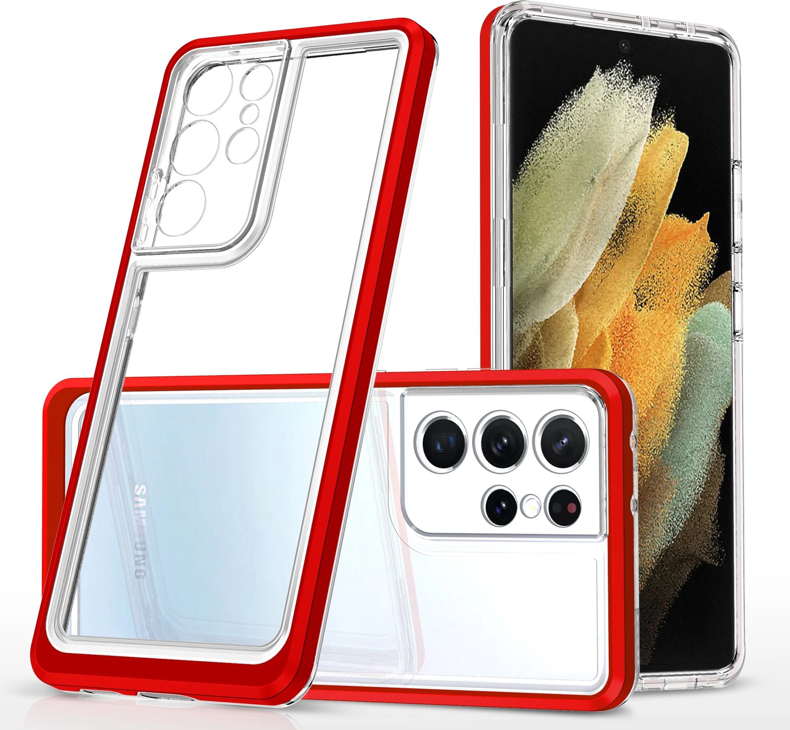 Mbështjellës Hurtel Hybrid Armor Clear 3in1 për Samsung Galaxy S21 Ultra, Transparent/Kuqe