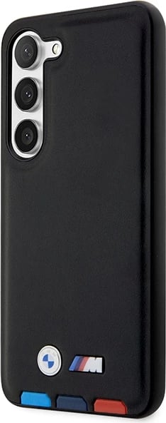 Mbështjellës BMW Leather Stamp Tricolor për Samsung Galaxy S23+, lëkurë, e zezë
