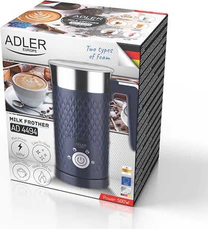 Shkumues qumështi elektrik, Adler, AD 4494, 500W, 300 ml ngrohje / 130 ml shkumë, 4 funksione, blu e errët