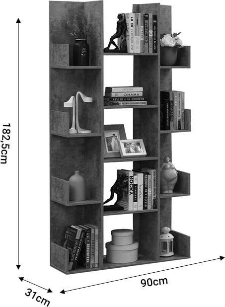 Raft librash Charles, melaminë, ngjyrë gri-lisi, 90x31x182.5cm