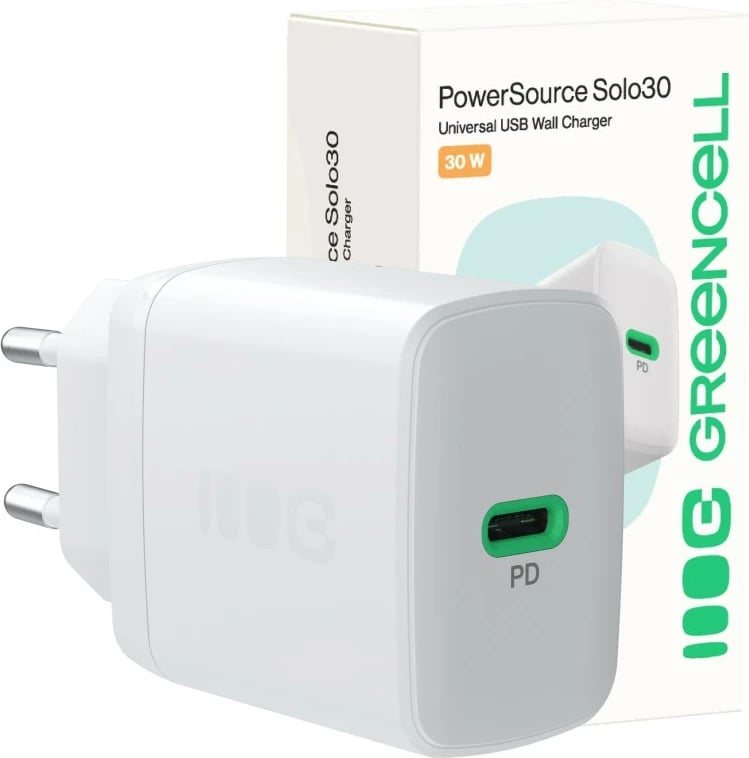Karikues muri USB-C 30W PD 1x port, Green Cell, PowerSource Solo30 CHARB-GC-30C-W, i bardhë