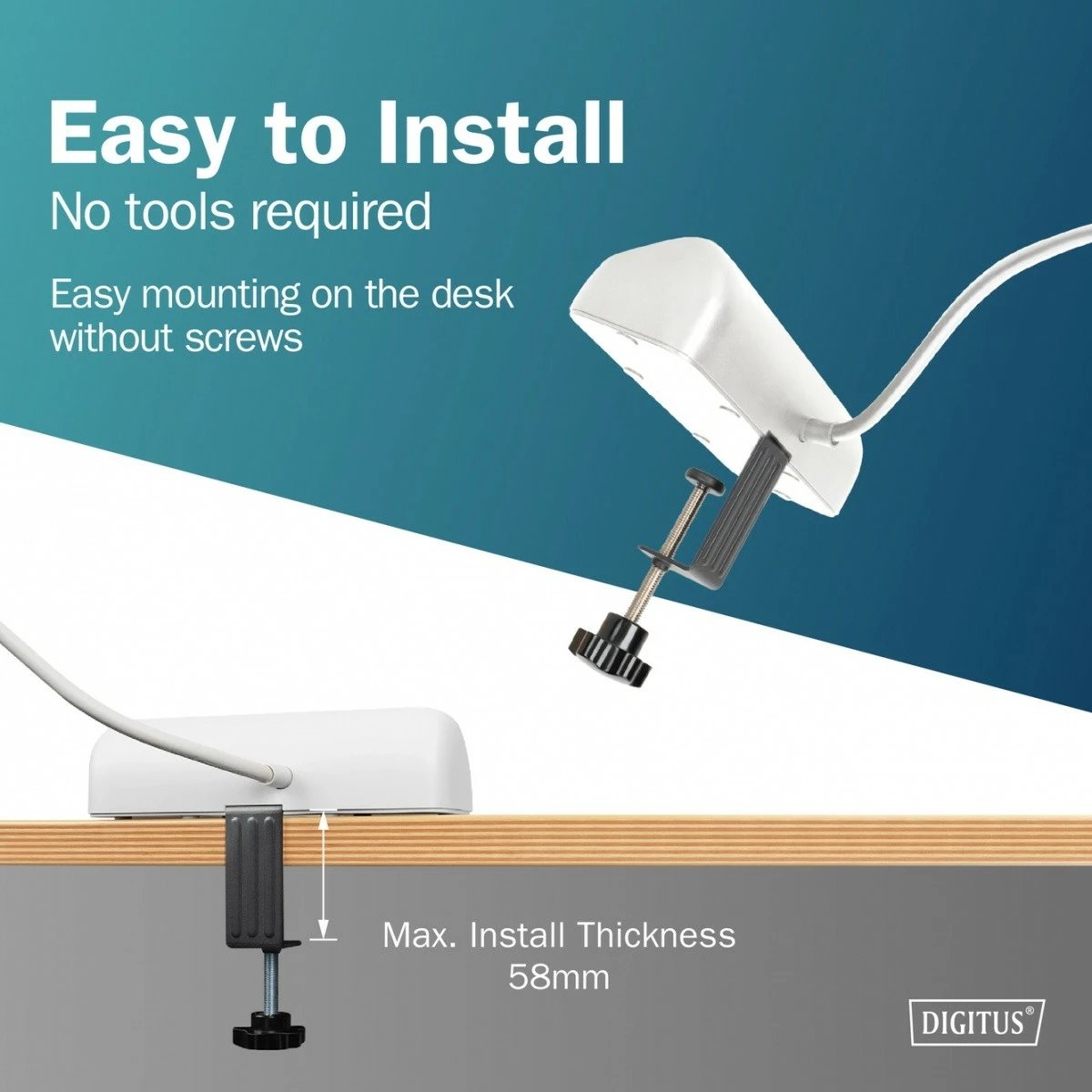 Zgjatues tavoline, Digitus DA-70626, 3 prize Schuko + 2x USB-A 12W + USB-C 30W, kapëse për tavolinë, kabllo 1.5m, e bardhë