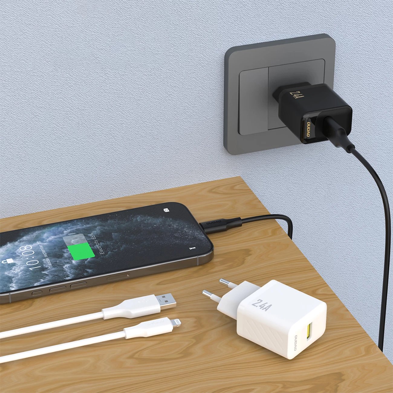 Karikues muri GaN, Dudao A23LEU, 12W 2.4A, USB-A, prizë EU, e zezë, me kabllo USB-A në Lightning 1m