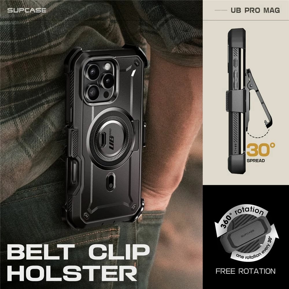 Mbështjellës Supcase Unicorn Beetle Pro Mag për iPhone 16 Pro Max/16 Plus, MagSafe, i zi, me klip rripi