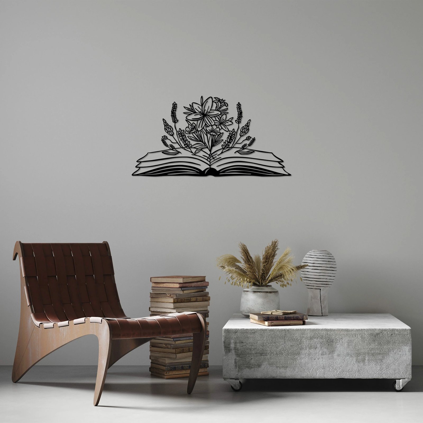 Aksesor dekorativ metalik për mur, Wallity, libër dhe lule