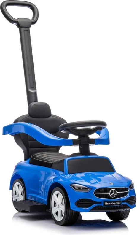 makinë ride-on me dorezë udhëzuese, Milly Mally Mercedes C-Class Deluxe, sedilje eko-lëkurë, goma gome, tinguj timoni, ngarkesë 25 kg, 12–36 muaj, blu