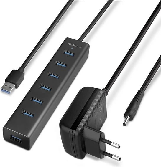 Hub USB 7-portësh AXAGON HUE-SA7BP, alumini, me adapter AC, i zi
