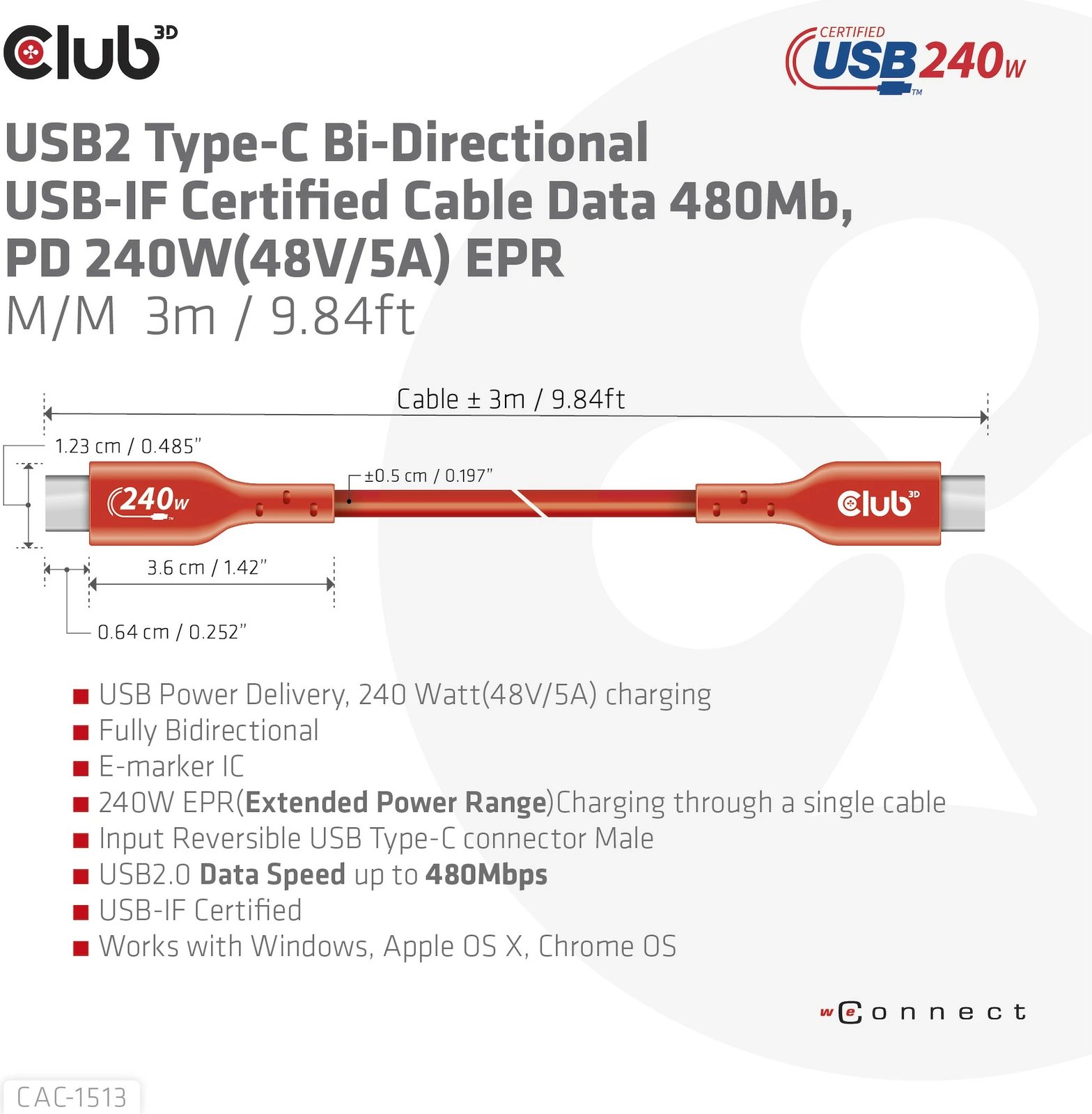 Kabllo USB-C Club3D CAC-1513, 3m, 240W, 480Mb/s, kuqe Kabllo USB-C Club3D CAC-1513, 3m, 240W, 480Mb/s, kuqe