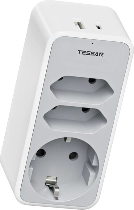 Prizë muri Tessan TS-330-C me 5 dalje, USB-A, AC, mbrojtje nga mbingarkesa, e bardhë