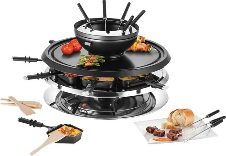 Grill raclette/fondue UNOLD Raclette Multi 4-in-1 48726, 8 persona, pllakë guri + pllakë grill, tenxhere fondue 500–700 ml, e zezë