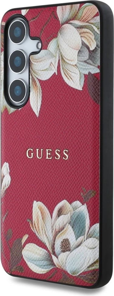 Mbështjellës Guess Grained Printed Flower Pattern MagSafe për Samsung Galaxy S25, Fuchsia