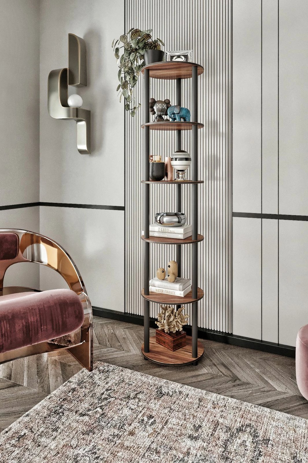 Raft librash, 6 kate, i rrumbullakët, ngjyrë arre, Skye Decor