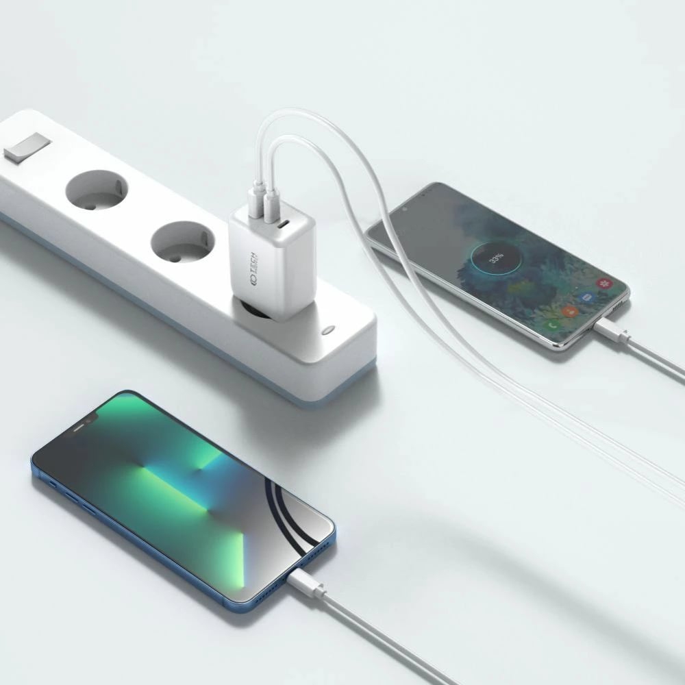 Karikues rrjeti Tech-Protect C65W, 2x USB-C PD 65W / USB-A QC 3.0, Bardhë
