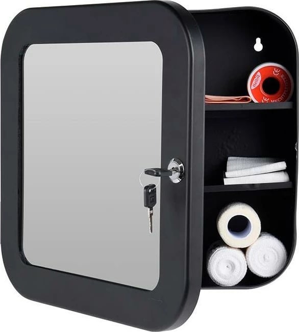 Kabinet metalik për ilaçe KOOPMAN me pasqyrë dhe çelës sigurie, H32x32x11.5cm, i zi
