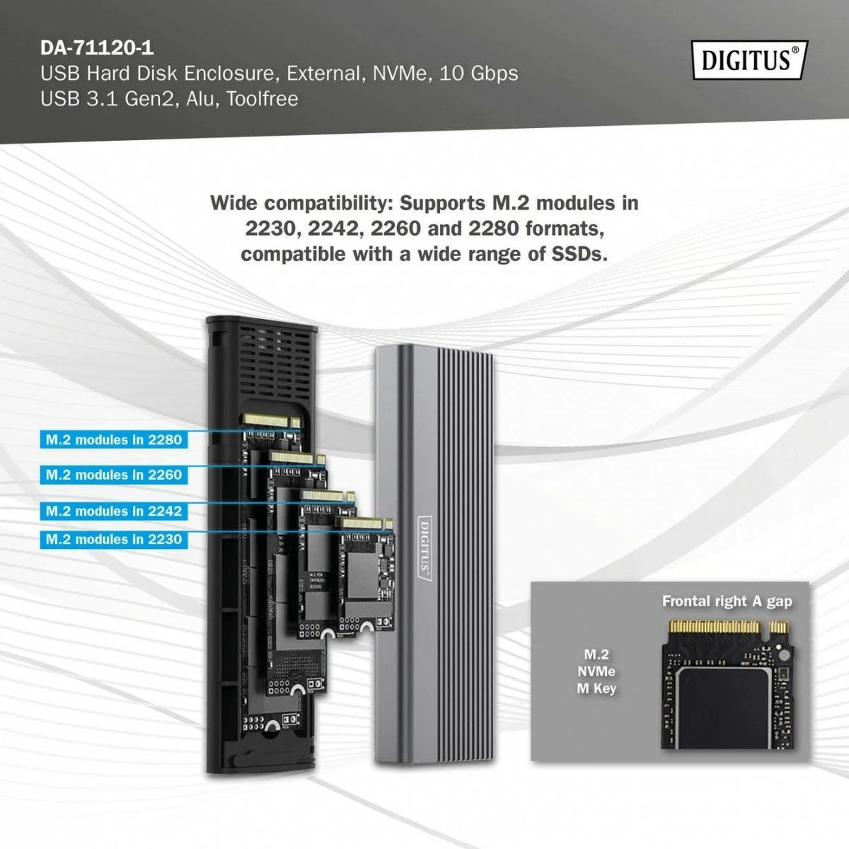 Kasë Digitus DA-71120-1 për SSD M.2 NVMe, USB 3.1 Type C, Alumini, Gri
