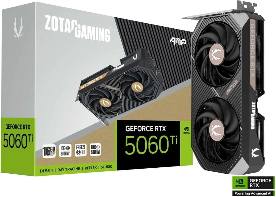 Kartelë grafike, ZOTAC, GeForce RTX 5060 Ti AMP (ZT-B50620F-10M), 16GB GDDR7 128-bit, 3x DP/1x HDMI, PCIe 5.0 x8