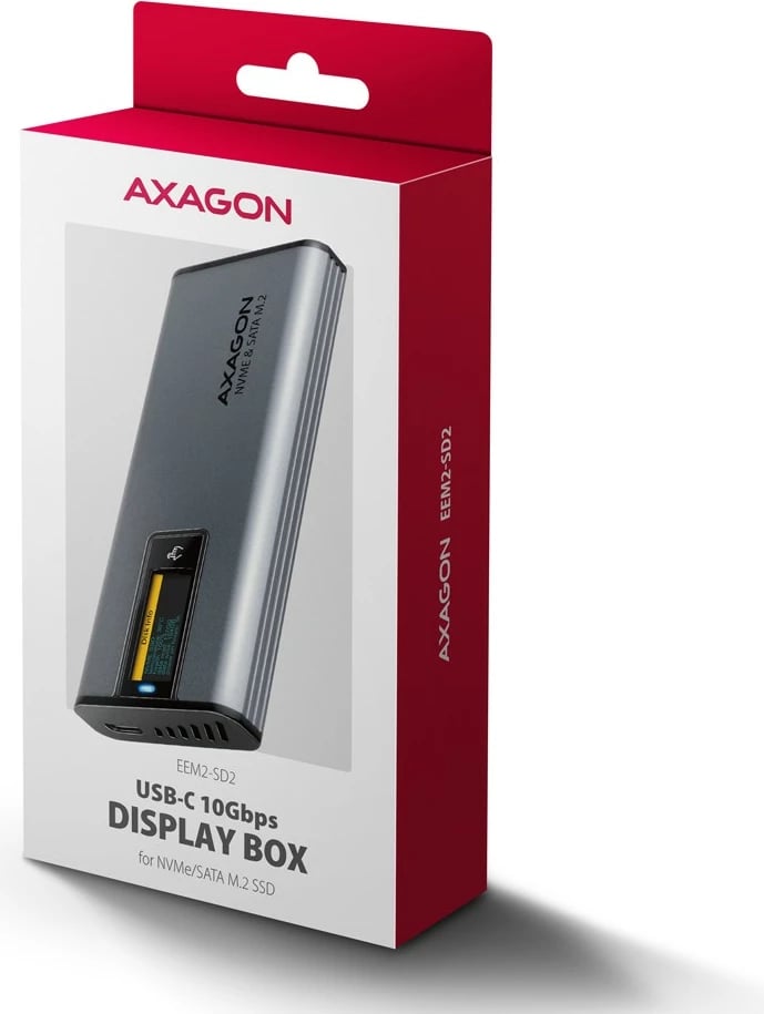 Kasë e jashtme AXAGON EEM2-SD2, për SSD M.2 NVMe/SATA, USB-A/C 3.2 Gen2, ekran LCD, Gri