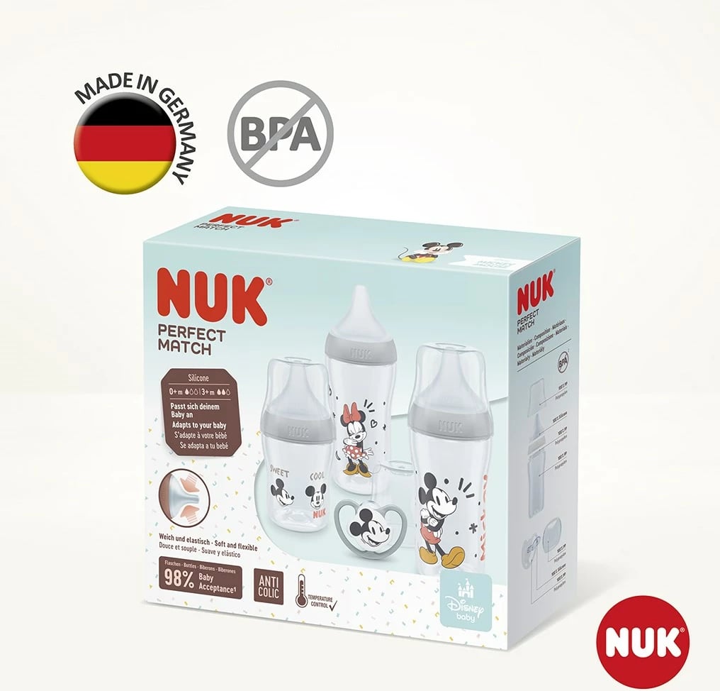 Set biberonash NUK Perfect Match Disney Mickey Mouse 150 ml + 2x 260 ml, cicë silikoni shumë e butë, anti-kolik, tregues temperature, + qetësues 0-6 muaj, set