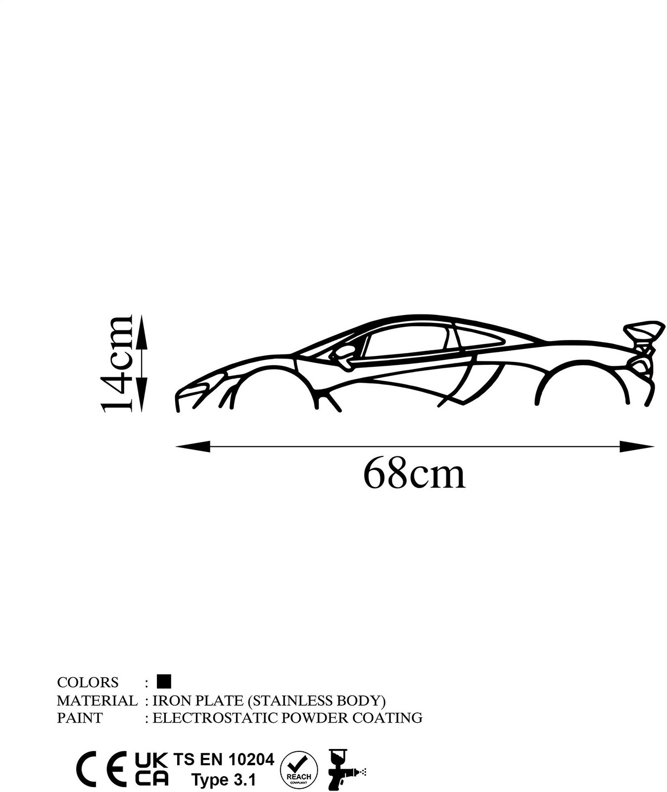 Aksesor dekorativ metalik për mur, silueta McLaren P1, Wallity