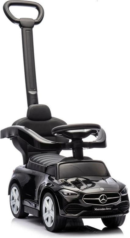 Makinë ride-on me dorezë udhëzuese, Milly Mally, Mercedes C-Class Deluxe, sedilje eko-lëkurë, goma gome, anti-tip, e zezë