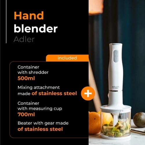Blender dore, Adler AD 4620, 800W, 2 shpejtësi, teh/këmbë çelik inox, bardhë, set Blender dore, Adler AD 4620, 800W, 2 shpejtësi, teh/këmbë çelik inox, bardhë, set