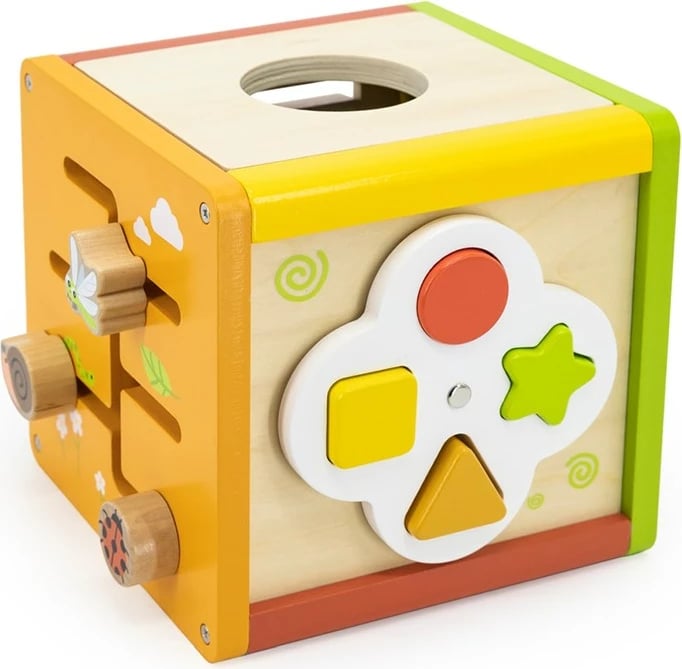 kub edukativ 5-në-1, Viga, dru, me ksilofon, sorter formash, labirint me rruaza dhe kube rrotulluese, multingjyrëshe