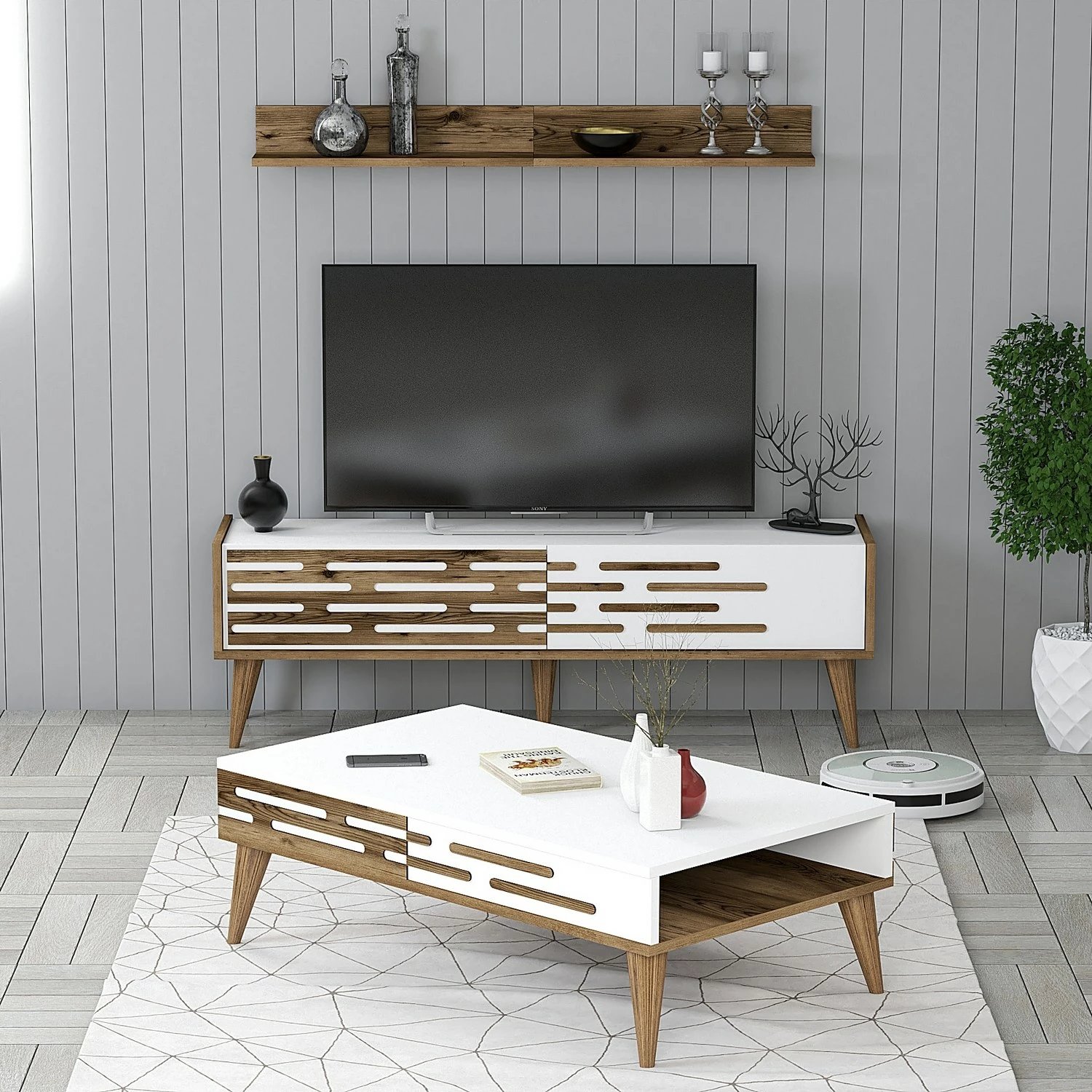 Set mobiljesh për dhomë dite, Valensiya 140, ngjyrë arre dhe e bardhë