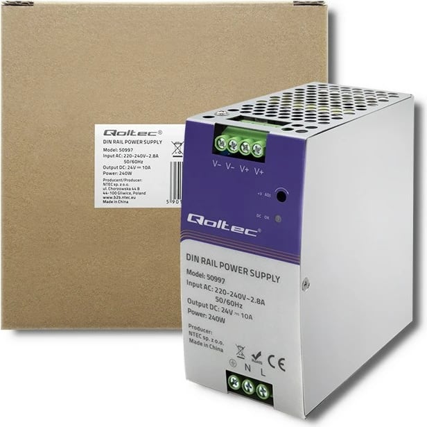 Furnizues energjie industrial Qoltec 50997, 240W, 24V, 10A, për shina DIN