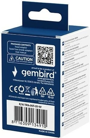 Adapter udhëtimi universal, Gembird, TPA-INT-01-W, priza US/UK/EU/AU, siguresë 10 A, e bardhë