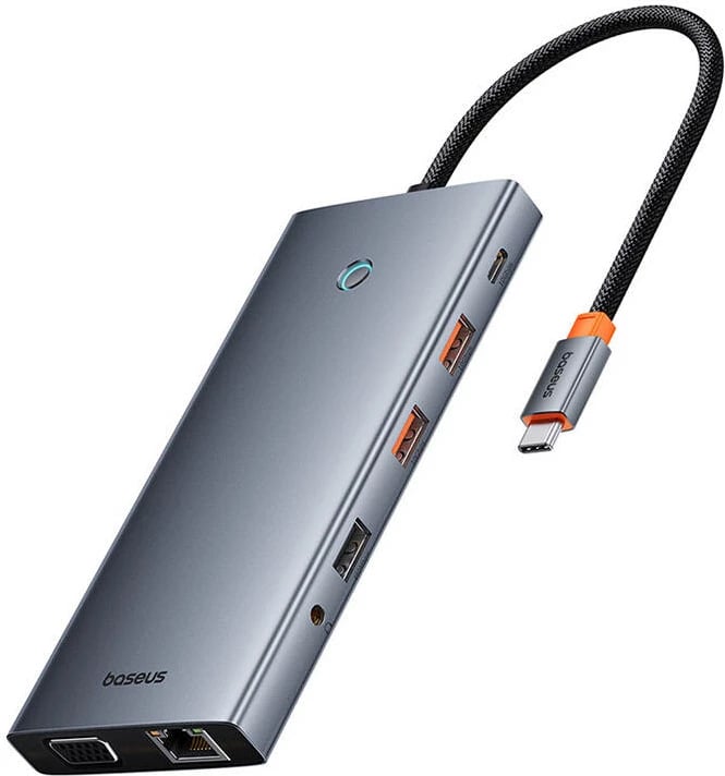 Hub Baseus PortalJoy 13in1, USB-C në HDMI+DP+VGA+C+USB+PD+RJ45+SD/TF+3.5mm, Gri