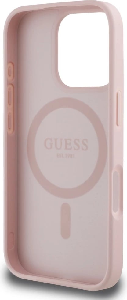 Mbështjellës Guess Grained Hot Stamp Peony Triangle Logo MagSafe për iPhone 16 Pro, Rozë