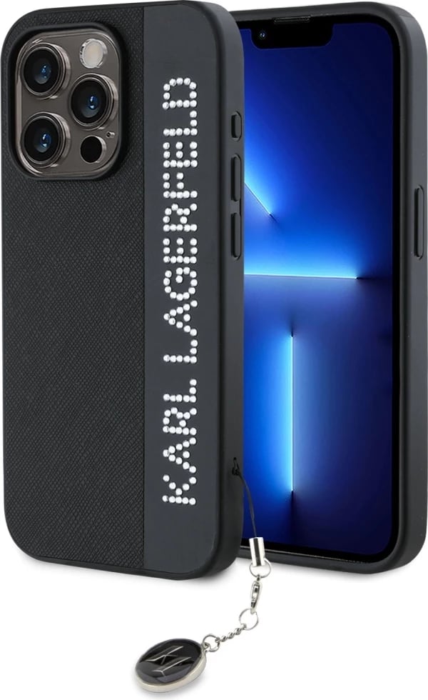 Mbështjellës Karl Lagerfeld Saffiano Rhinestones & Charm për iPhone 15 Pro, i zi