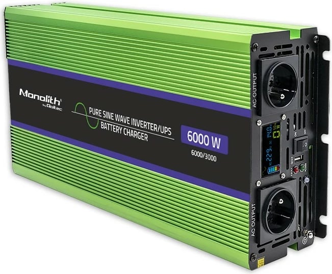 Konvertues voltazhi Qoltec Monolith 51945, 12V në 230V, 3000W/6000W, valë e pastër, LCD, Gjelbër
