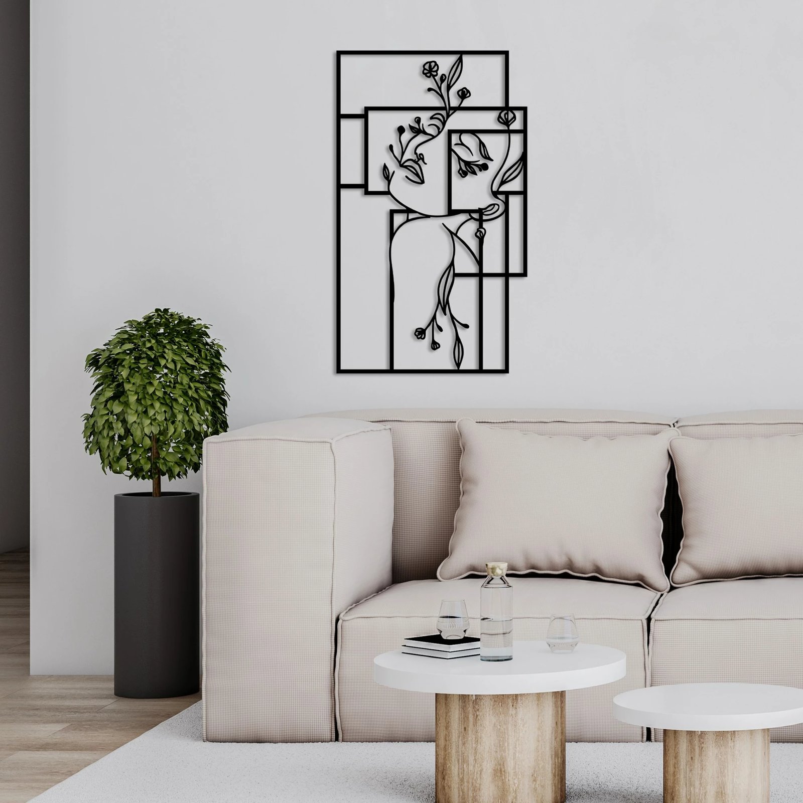 Aksesor dekorativ metalik për mur, Wallity, Flower Woman 1 - L, ngjyrë e zezë, 70x70cm