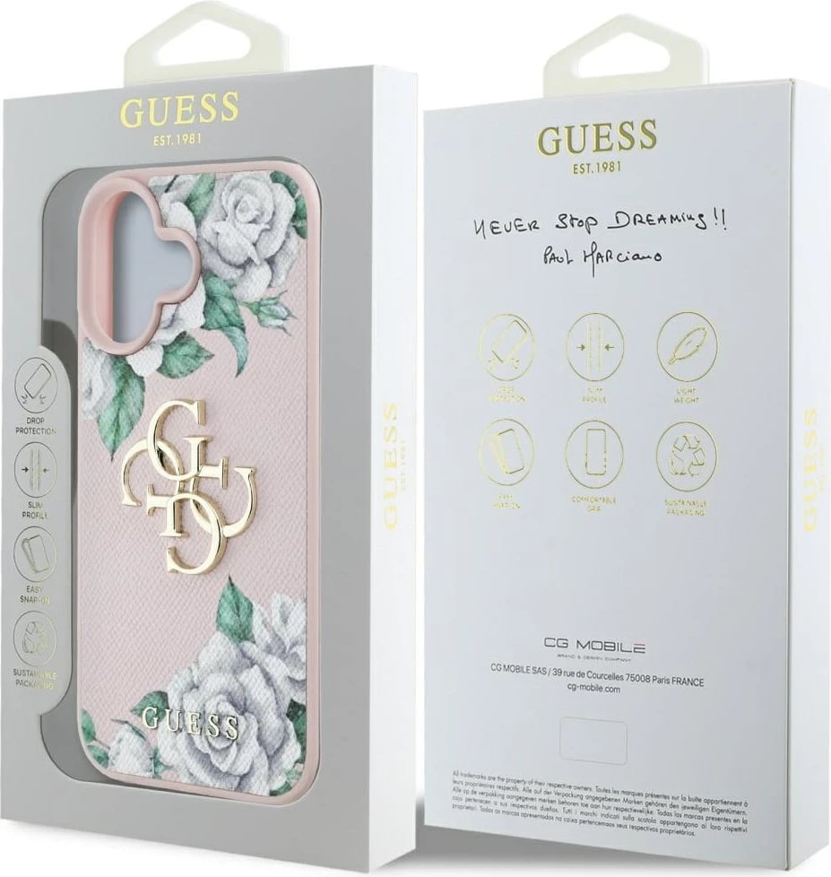 Mbështjellës Guess Grained Roses Big 4G logo për iPhone 16, Rozë Mbështjellës Guess Grained Roses Big 4G logo për iPhone 16, Rozë