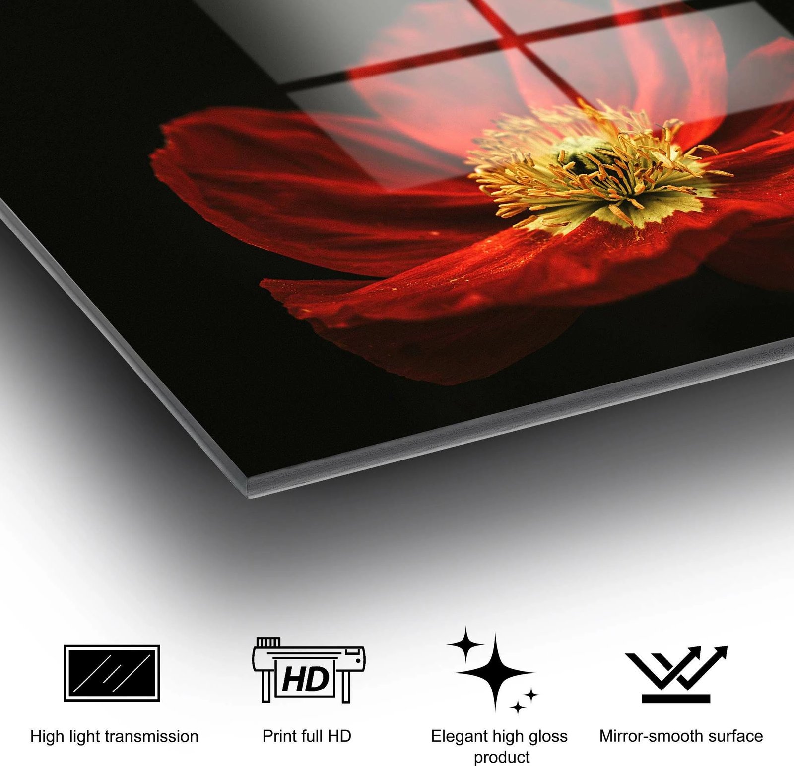 Pikturë dekorative prej xhami të temperuar, lulekuqe, UV-204, 70x100cm