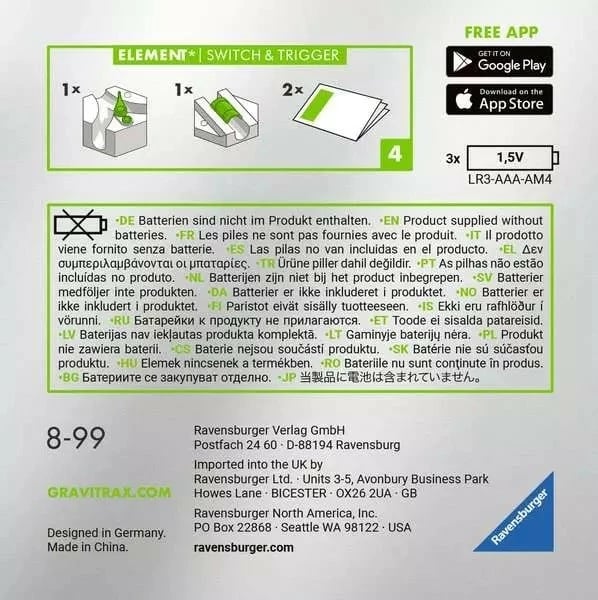 Set aksesorë Ravensburger GraviTrax Power Switch & Trigger, për pista mermeri, i bardhë/jeshil