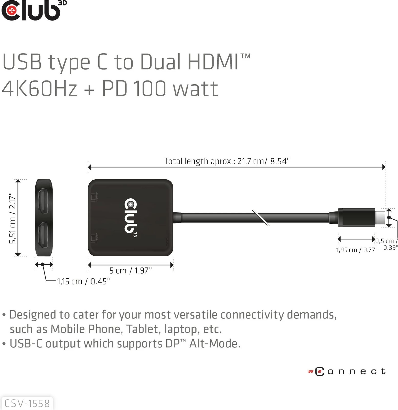 Adapter Club3D MST-Hub USB Type-C në 2x HDMI 4K60Hz + 100W PD, i zi