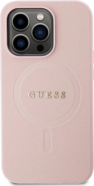 Mbështjellës Guess GUHMP13LPSAHMCP për iPhone 13 Pro / 13, Saffiano MagSafe, rozë