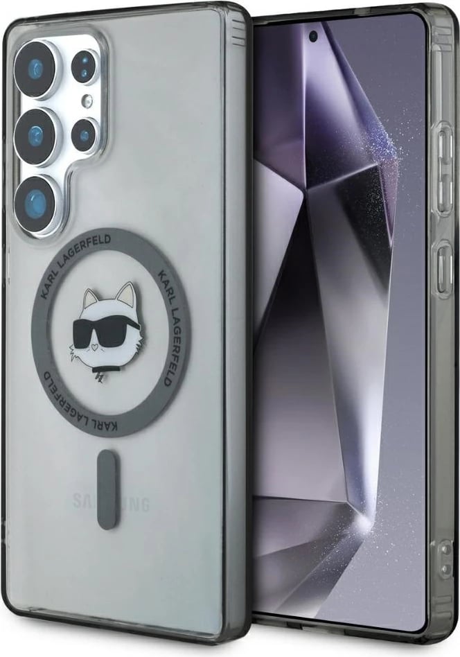 Mbështjellës Karl Lagerfeld Button Choupette Head Printed Logo MagSafe për Samsung Galaxy S25 Ultra, i zi