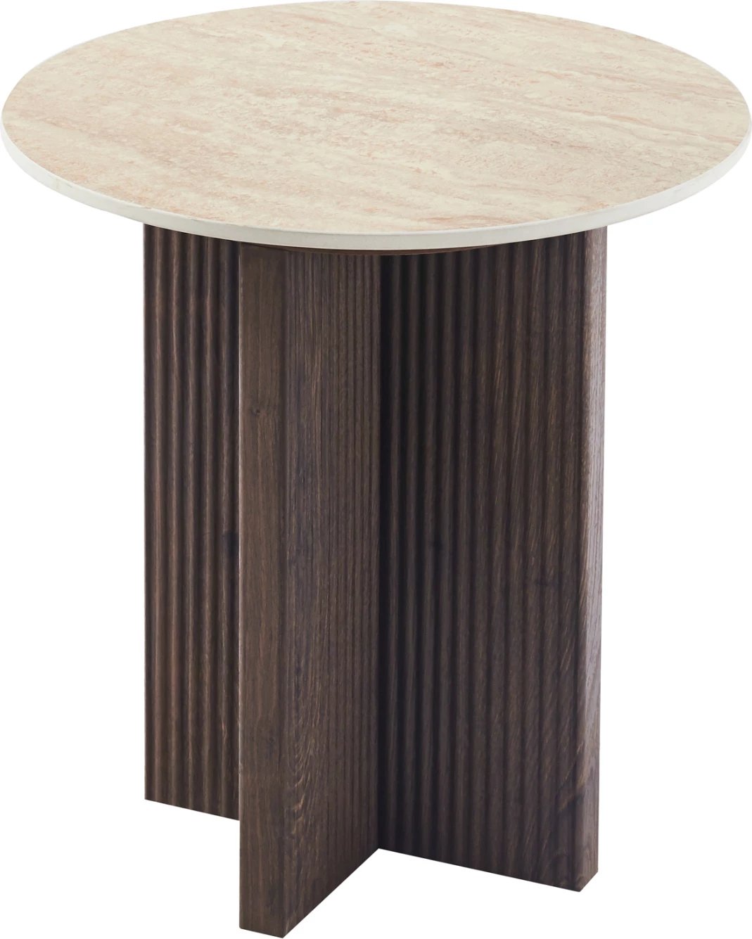 Tavolinë anësore SKY, sipërfaqe qeramike, pamje travertini, bazë MDF kafe, Φ45x50cm
