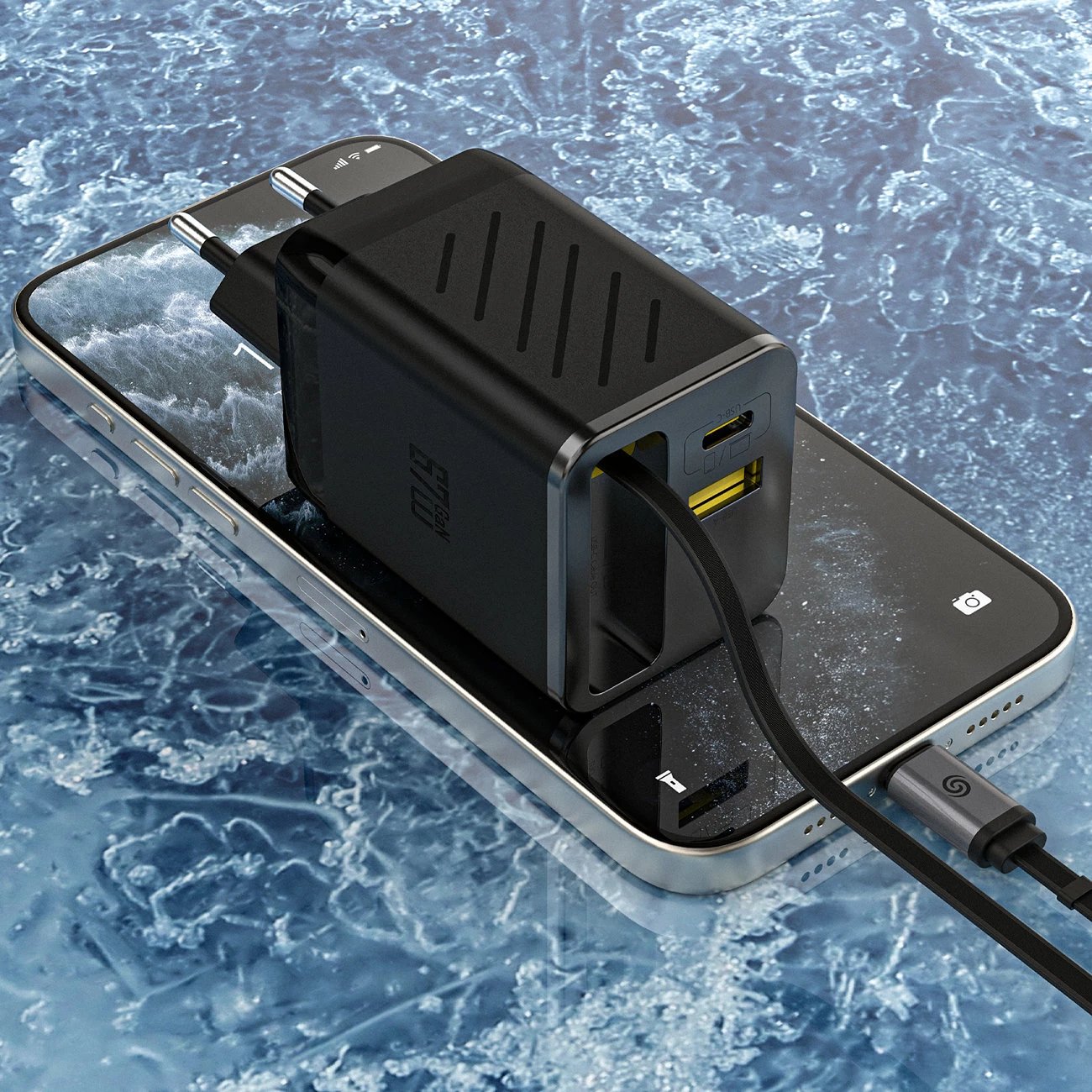 Karikues muri GaN, Dudao A67EU, 67W, 3 porta (USB-C, USB-A) me kabllo USB-C tërheqëse 60cm, EU plug, i zi