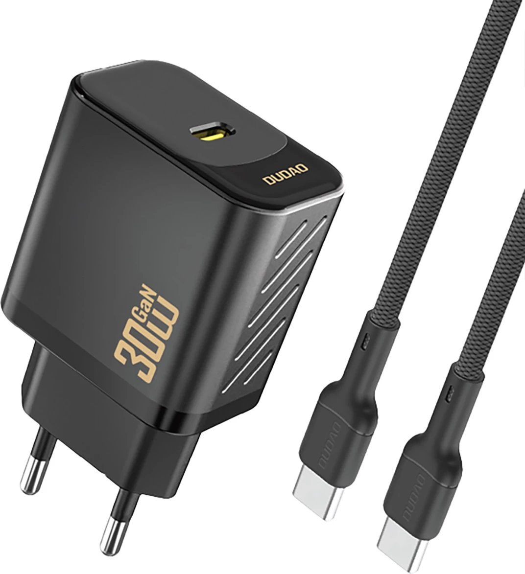 Karikues muri GaN, Dudao A27PCEU, PD 30W, USB-C 1 port, prizë EU, me kabllo USB-C, i zi