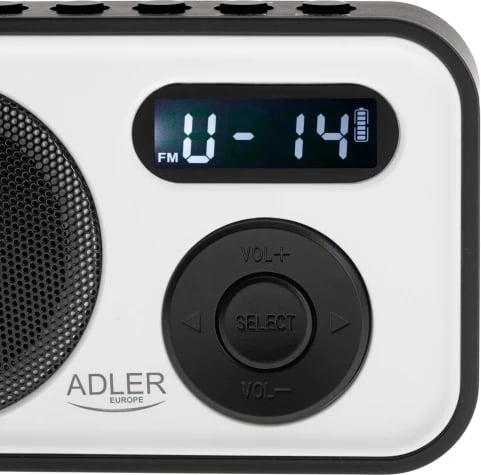 radio digjitale PLL AM/FM Adler AD 1906, LCD, 20+20 memorje, USB‑C, dalje kufje 3.5 mm, 0.8 W, bardh e zi