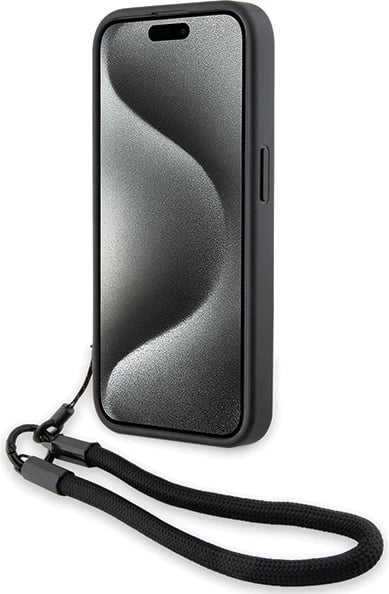 Mbështjellës BMW Signature Leather Wordmark Cord për iPhone 15 Pro, lëkurë, i zi