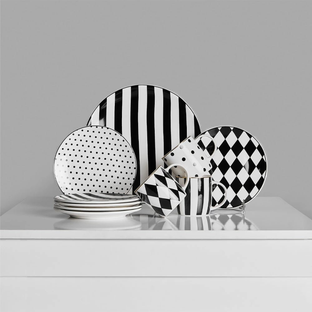 Set pjatash ëmbëlsirash JOLIE, 7 copë, porcelan New Bone China, bardhë e zi, 30x30x3cm