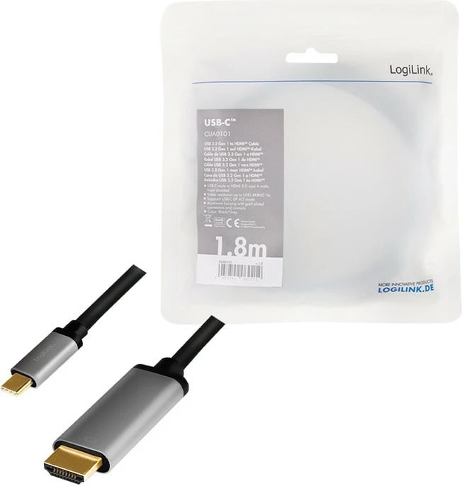 Kabllo USB-C në HDMI LogiLink CUA0101, 1.8m, 4K 60Hz, Zezë/Gri