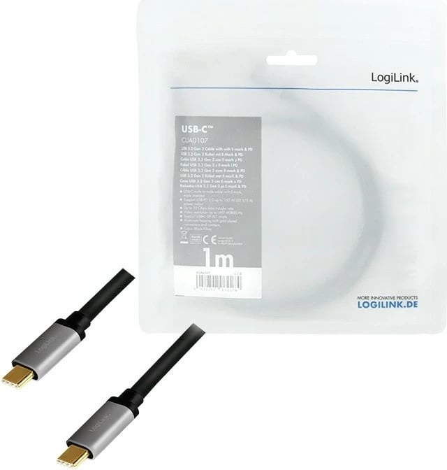 Kabllo USB-C LogiLink CUA0107, 1m, 4K/60Hz, Power Delivery, e zezë/gri